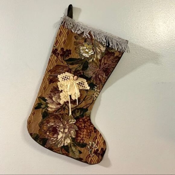Handmade Floral Christmas Angel Tapestry Stocking Holiday Decor Gift Idea - Picture 1 of 5